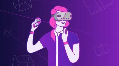 Man wearing headset with wireless controllers playing videogame Stock Illustration