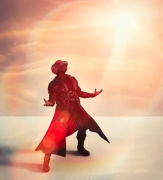 Man wearing long coat using virtual reality helmet Illustrazione stock