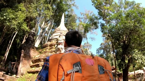 A man wearing an orange backpack is walking through a forest Stock Footage 322856135