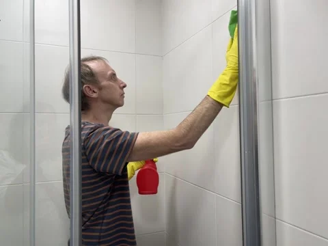 Man wearing protective gloves cleaning the bathroom Stock Footage 336802383