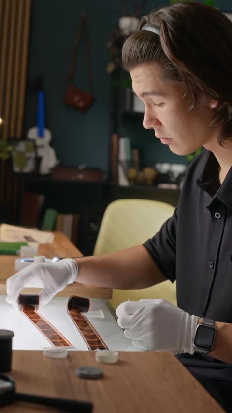 Man Wearing Protective Gloves Examining Film Negatives on Light Table Stock Footage 341955738