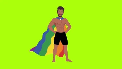 Man wearing rainbow flag like a cape on green screen Stock Footage 329093683