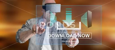 Man wearing a reality virtual headset touching a download concept on a touch Stock Photos