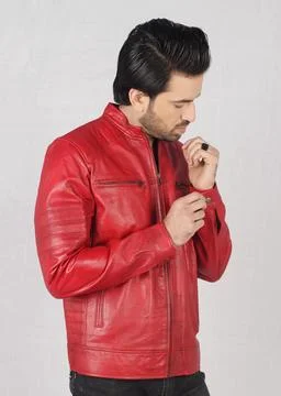 Man wearing red  leather jacket Stock Photos