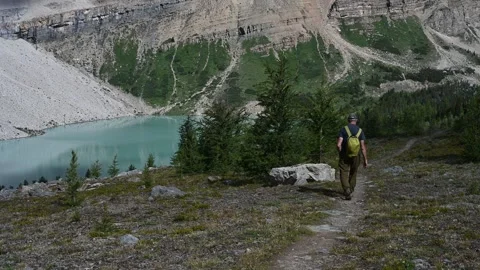Man wearing a small green pack and hiking along a mountain trail next to a pale Stock Footage 310690726