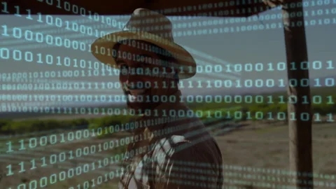Man wearing straw hat standing in farmland, with green binary code overlay Stock Footage 308186202