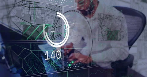 Man wearing suit interacting with digital interface in tech office, displaying Stock Footage 307435346