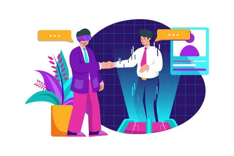 Man wearing virtual glasses is shaking a hand with a hologram graphic in a cy Stock Illustration