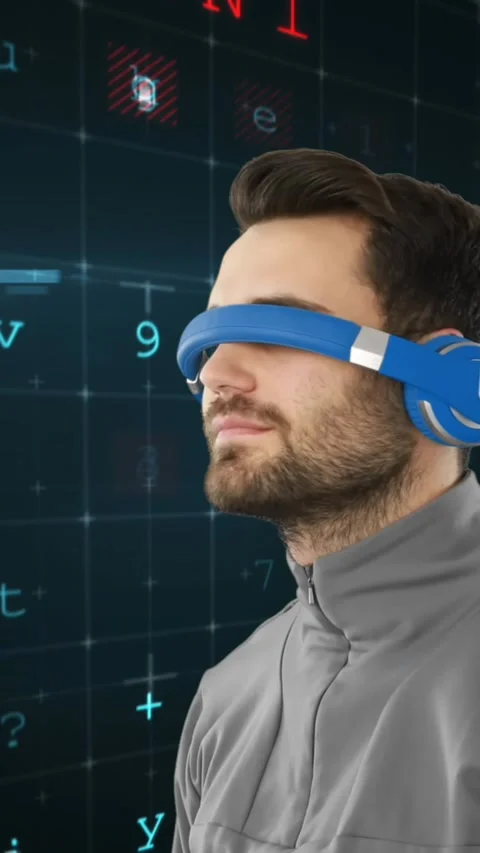 Man wearing virtual goggles 4k Stockbeeldmateriaal 341917935