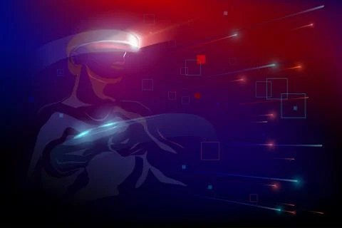 Man wearing Virtual reality device (VR) playing game,  move motion in abstrac Stock Illustration