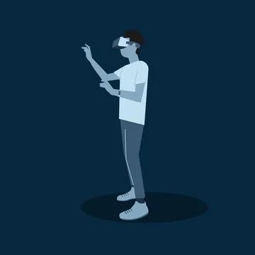 A man is wearing a virtual reality flat art design in a blue character. Stock Illustration