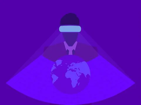 Man wearing virtual reality glasses in the metaverse. Entering the virtual sp Illustrazione stock