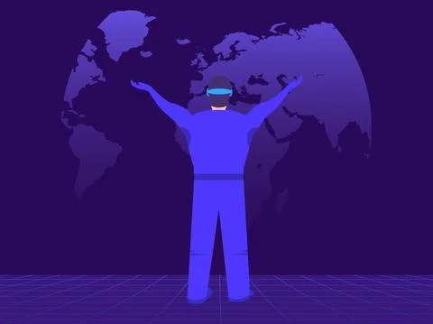 Man wearing virtual reality glasses in the metaverse. Entering the virtual sp Illustrazione stock