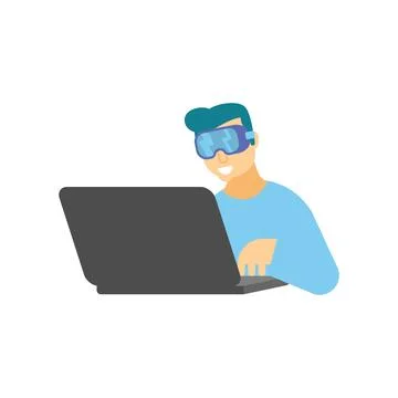 Man wearing virtual reality goggles or futuristic mask, working on a laptop.. Stock Illustration