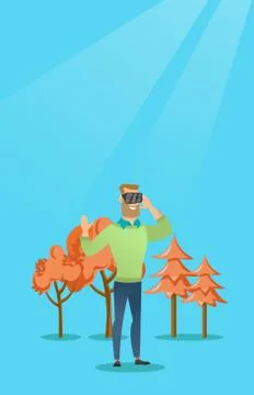 Man wearing virtual reality headset in the park. Ilustração Stock