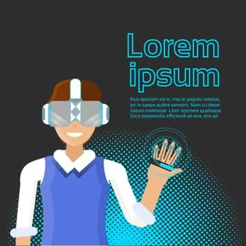 Man Wearing Virtual Reality Headset Using Digital Interface Banner With Copy Illustrazione stock