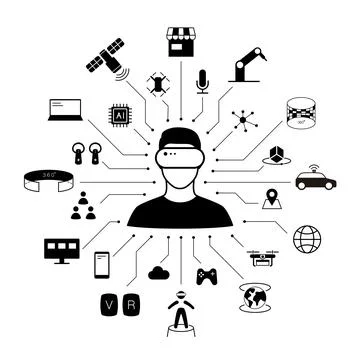 Man wearing Virtual Reality Headset in the center of VR icons, Future technol Illustration