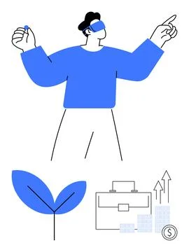 Man Wearing Virtual Reality Headset with Growth Symbols and Financial Icons Stock Illustration