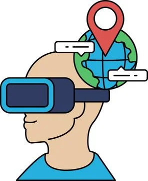 A man wearing a virtual reality headset with a globe in the background Stock Illustration