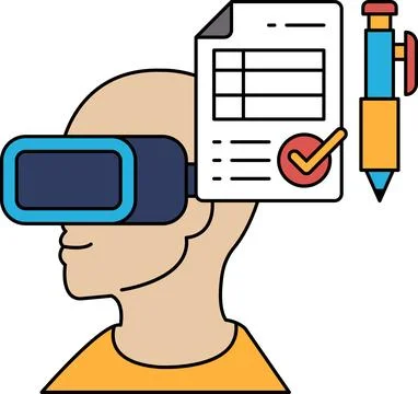 A man wearing a virtual reality headset is holding a pen and a piece of paper Stock Illustration