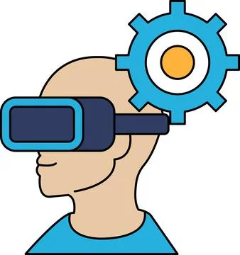 A man wearing a virtual reality headset with a gear on his head Stock Illustration