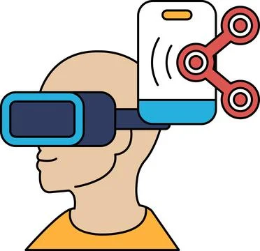 A man wearing a virtual reality headset with a cell phone in his ear Stock Illustration