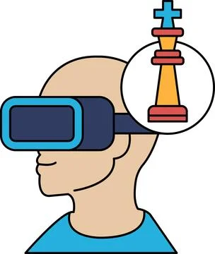 A man wearing a virtual reality headset is thinking about a chess game Stock Illustration