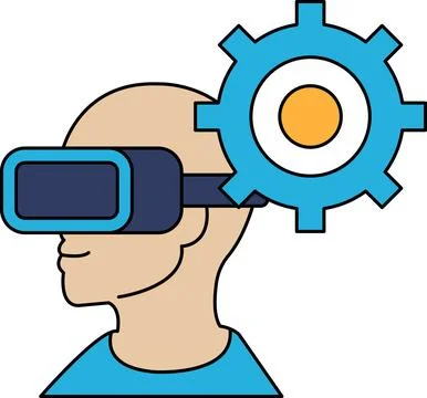 A man wearing a virtual reality headset is looking at a gear Stock Illustration