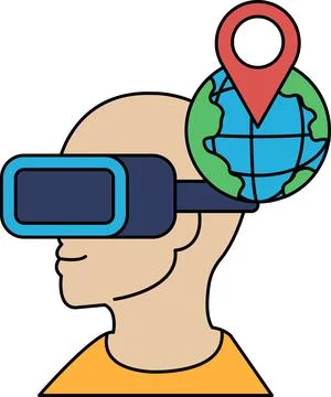 A man wearing a virtual reality headset with a globe in the background Stock Illustration