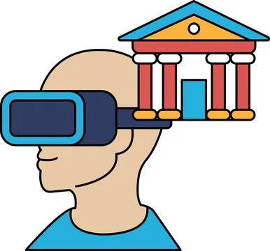 A man wearing a virtual reality headset is looking at a building Stock Illustration