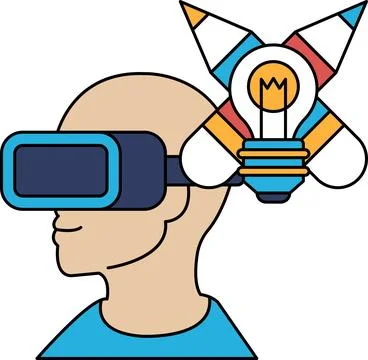 A man wearing a virtual reality headset is looking at a light bulb Stock Illustration