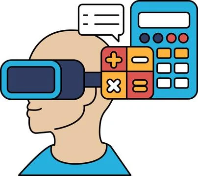 A man wearing a virtual reality headset is looking at a calculator Stock Illustration