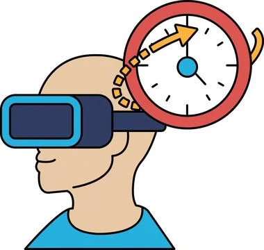 A man wearing a virtual reality headset with a clock on his head Stock Illustration
