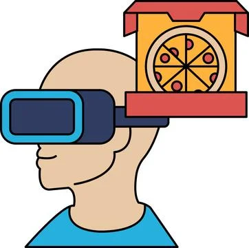 A man wearing a virtual reality headset is looking at a pizza box Stock Illustration