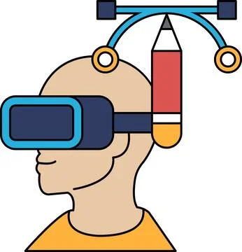 A man wearing a virtual reality headset with a pencil in his head Stock Illustration