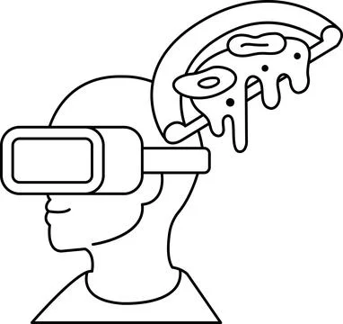 A man wearing a virtual reality headset is holding a slice of pizza Stock Illustration