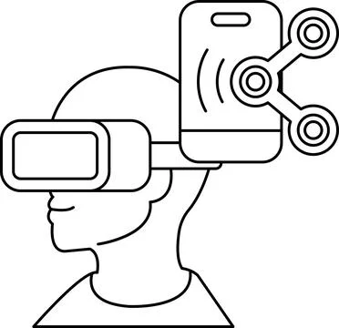 A man wearing a virtual reality headset with a cell phone in his ear Stock Illustration