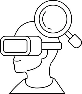 A man wearing a virtual reality headset with a magnifying glass on his head Stock Illustration
