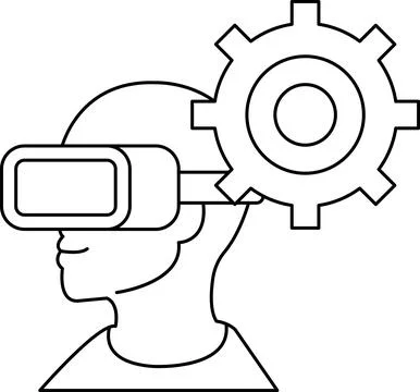 A man wearing a virtual reality headset is looking at a gear Stock Illustration
