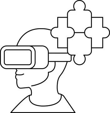 A man wearing a virtual reality headset is shown with a puzzle in his head Stock Illustration