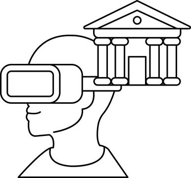 A man wearing a virtual reality headset is looking at a building Ilustración de archivo