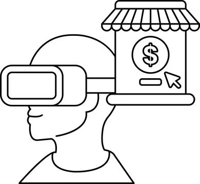 A man wearing a virtual reality headset is standing in front of a store wit.. Stock Illustration