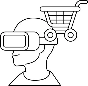A man wearing a virtual reality headset is standing next to a shopping cart Illustrazione stock
