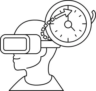 A man wearing a virtual reality headset with a clock on his head Stock Illustration
