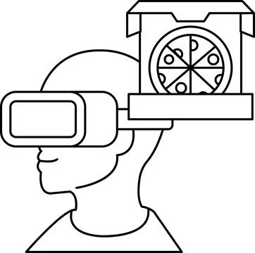A man wearing a virtual reality headset is looking at a pizza box Stock Illustration