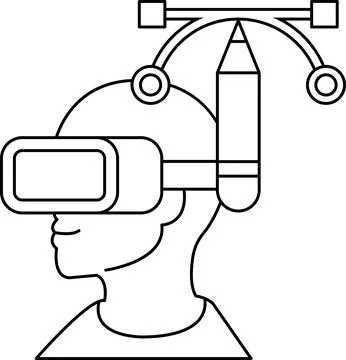A man wearing a virtual reality headset with a pencil in his head Stock Illustration