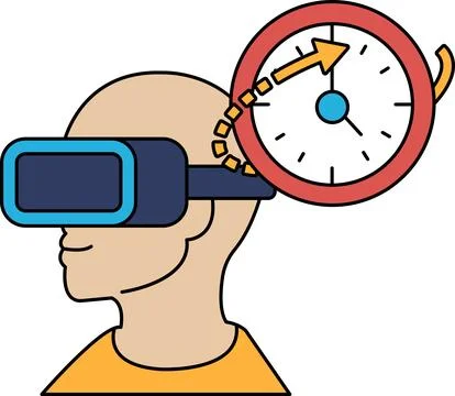 A man wearing a virtual reality headset with a clock on his head Stockillustratie
