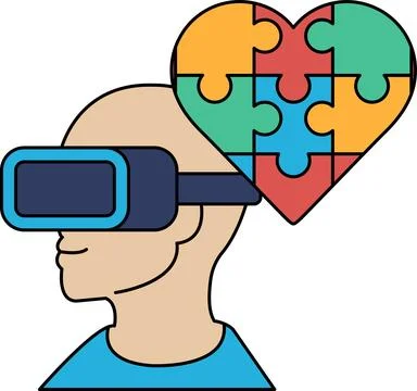 A man wearing a virtual reality headset is looking at a puzzle Illustrazione stock