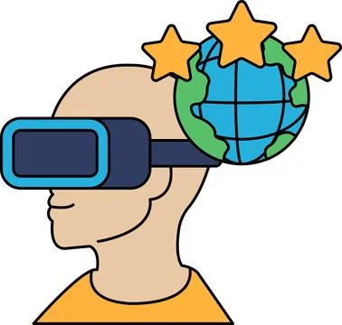 A man wearing a virtual reality headset with a globe and stars in the backg.. Stock Illustration
