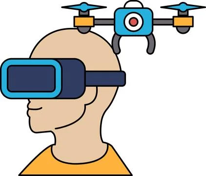 A man wearing a virtual reality headset is holding a drone Stock Illustration